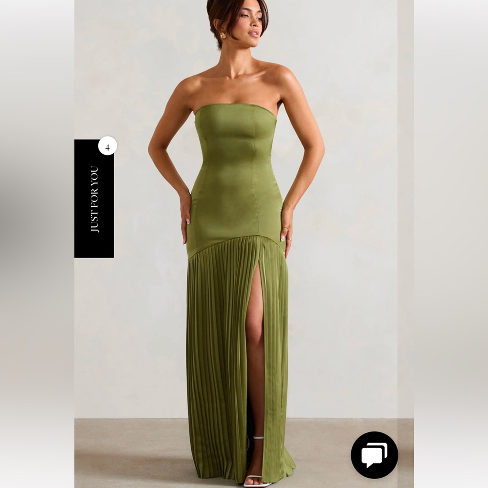 CLUB L LONDON OLIVE SATIN BANDEAU PLEATED SPLIT MAXI DRESS